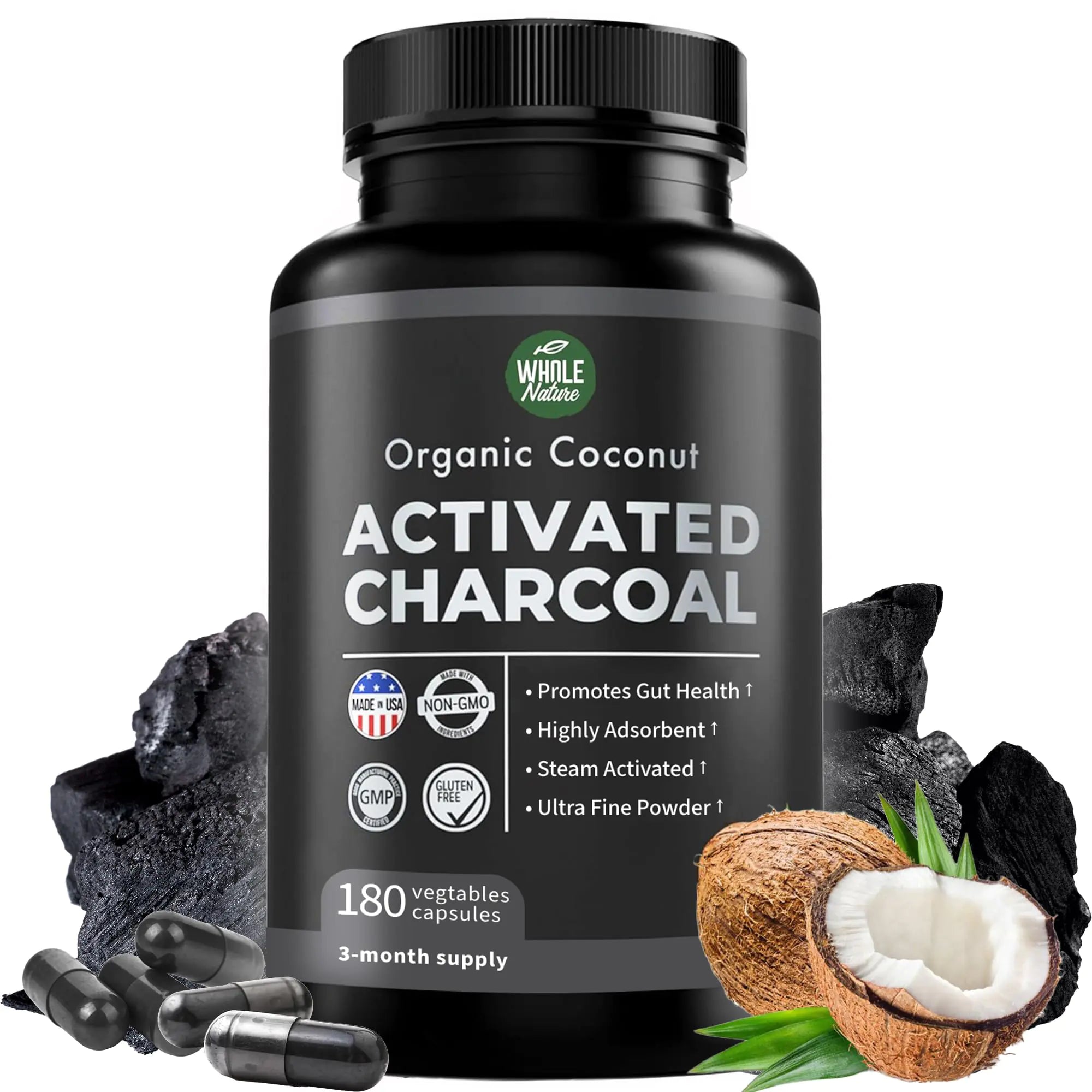Pure Coconut Activated Charcoal Capsules - 180 Charcoal Pills Helps with Teeth Whitening Bloating and Body Cleansing. Non-GMO - Gluten Free Vegan