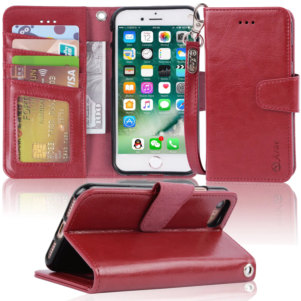 Arae Case for iPhone SE 2022 / iPhone SE 2020 / iPhone 8 / iPhone 7 Wallet Case with Card Holder PU Leather Flip Cover Wine red