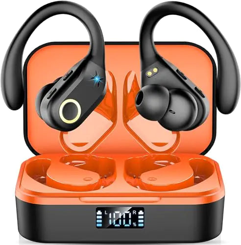 Wireless Earbuds Bluetooth 5.3 Headphones Stereo Bass ENC Noise Cancelling Mic HD Call Over Ear buds with Soft Earhooks for Sports 48H Playtime LED Display IP7 Waterproof Earphones for Android iOS