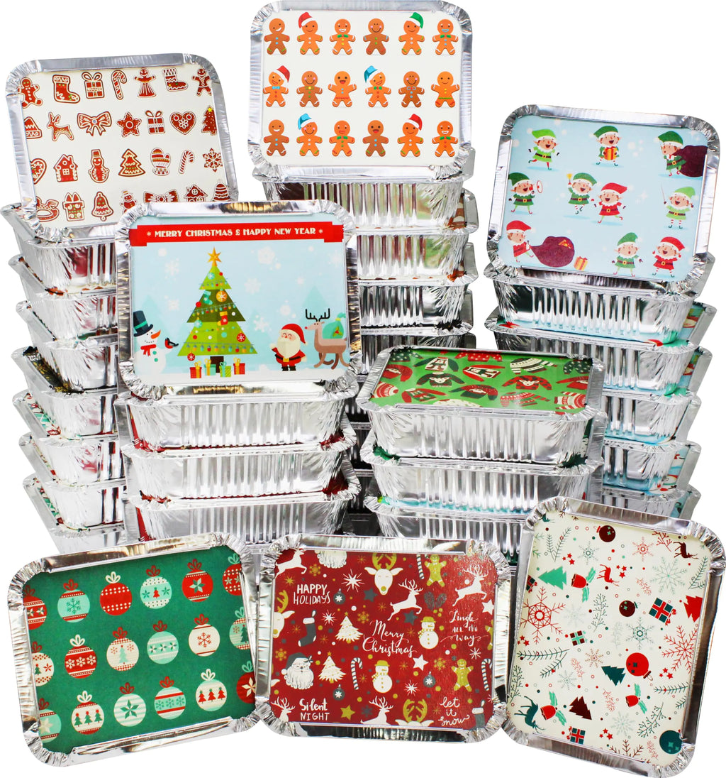 JOYIN 48 Pieces Christmas Foil Containers with Lids 8 Holiday Designs 8.5"x6"x2" Rectangular Treat Foil Containers Disposable Food Storage Pan for Holiday Leftovers Xmas Gift-Giving