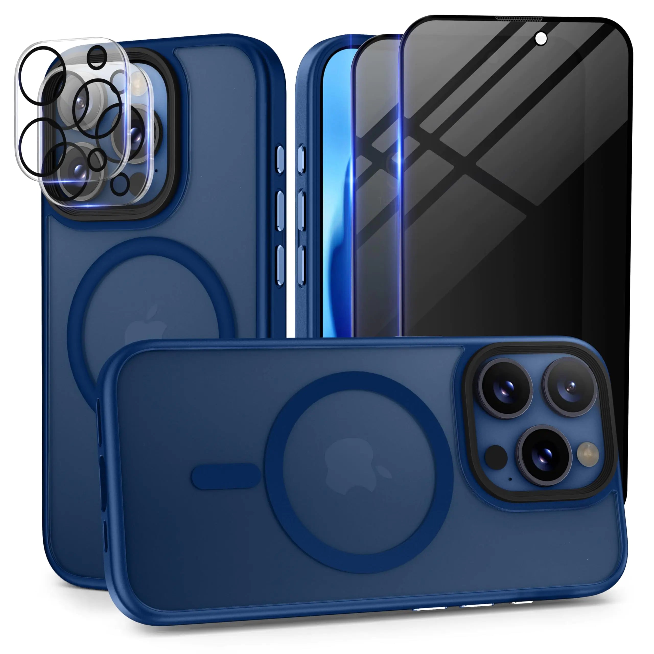 Huffii Magnetic for iPhone 15 Pro Max Case for MagSafe [2X Camera Lens with 2X Privacy Screen Protector] Matte Shockproof Cover Protective Slim Phone Case for iPhone 15 Promax Cases Blue Titanium