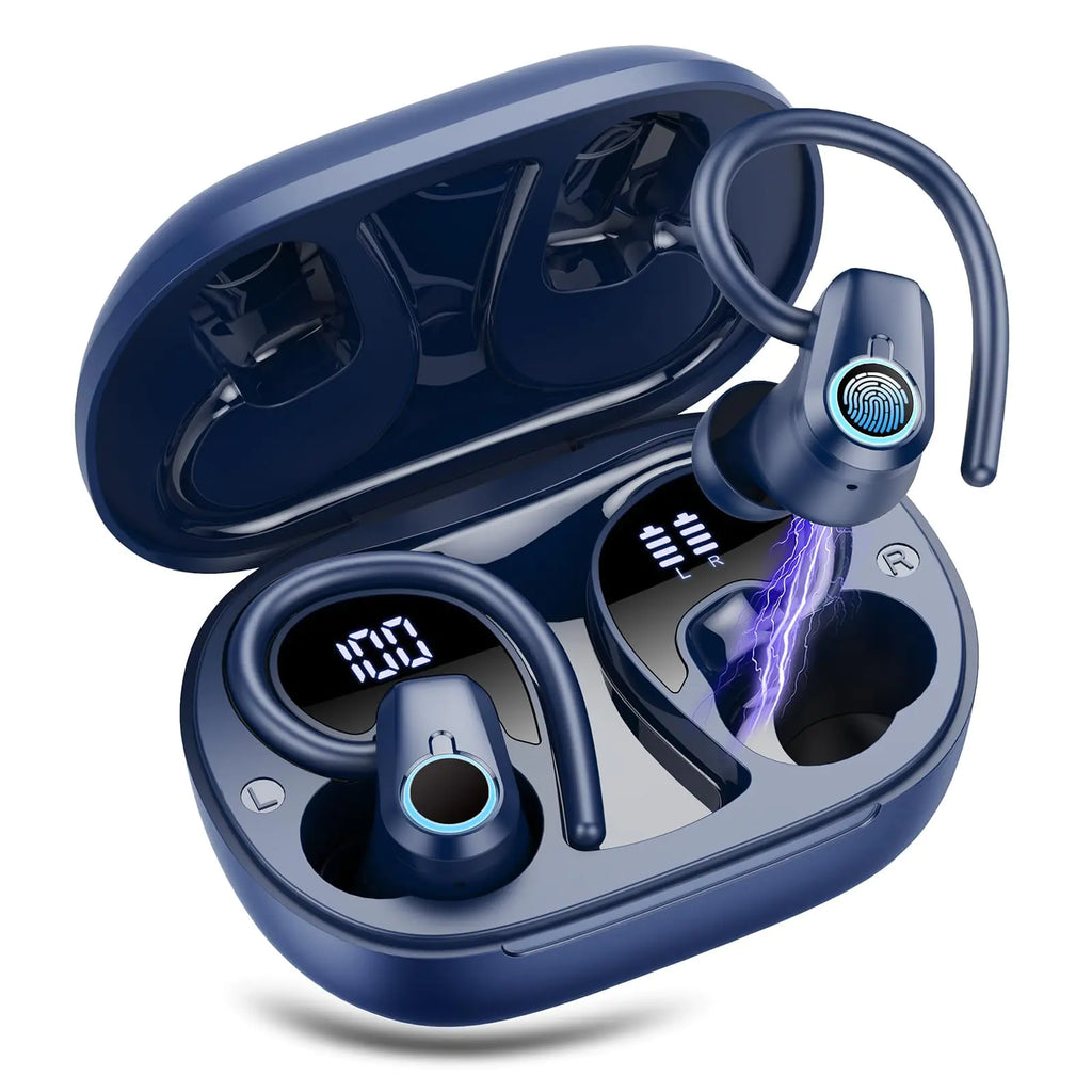 Wireless Earbuds 2023 Bluetooth Headphones 5.3 Sport 50H Ear buds with Earhooks Dual LED DisplayBluetooth Earbuds Stereo Noise Cancelling Headphones IP7 Waterproof Running Earphones Deep Blue