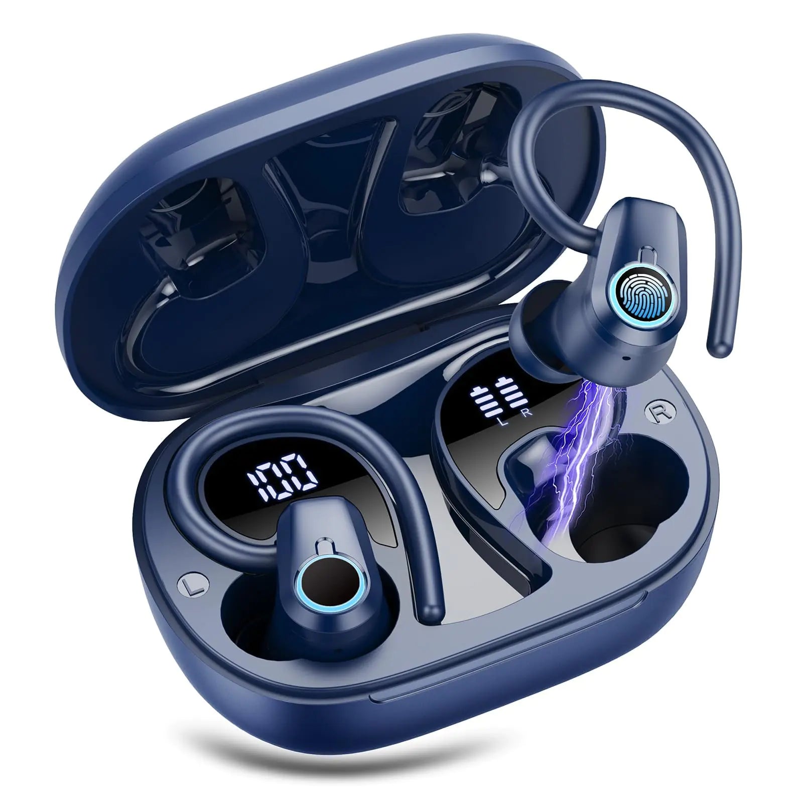 Wireless Earbuds 2023 Bluetooth Headphones 5.3 Sport 50H Ear buds with Earhooks Dual LED DisplayBluetooth Earbuds Stereo Noise Cancelling Headphones IP7 Waterproof Running Earphones Deep Blue
