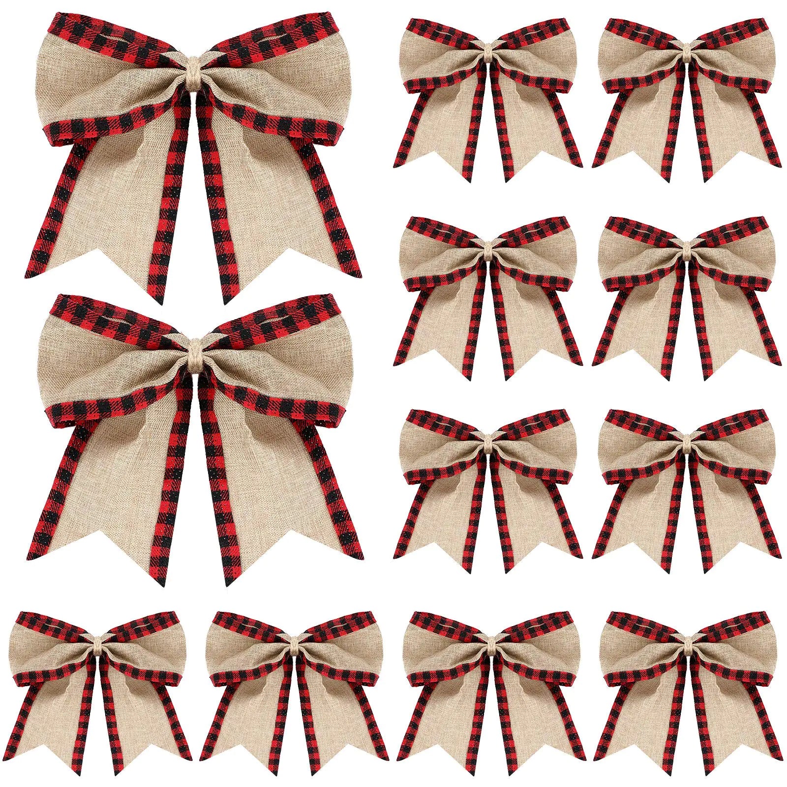 12 Pieces Christmas Burlap Plaid Bows or Christmas Decor(Black and Red)