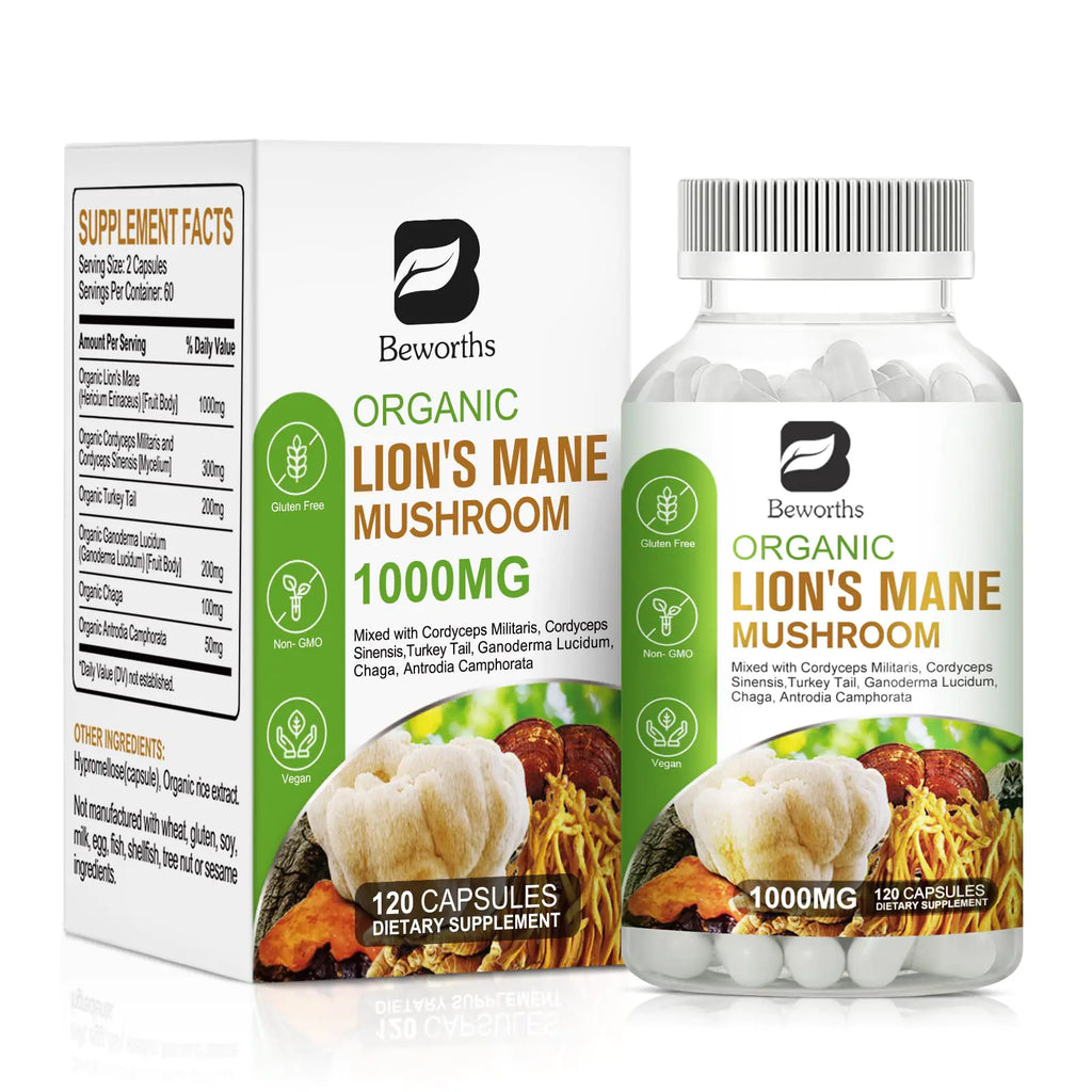 B BEWORTHS Lions Mane Mushroom - 120 Capsules | Organic Lions Mane Turkey Tail Mushroom Supplement Complex | Cordyceps Chaga Turkey Tail Reishi | Mental Clarity Focus Memory Brain & Immune Boost