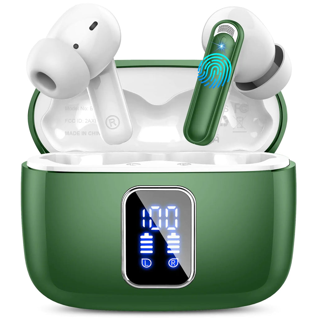 Wireless Earbuds Bluetooth 5.3 Headphones Ear Buds Wireless Earbuds Bluetooth with 4 ENC Noise Cancelling Mic 48H Playtime Stereo LED Power Display IP7 Waterproof Wireless Earphones Pure Green