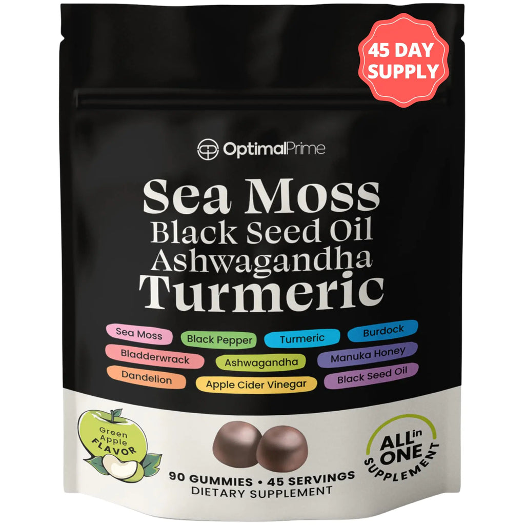 Optimal Prime Sea Moss Gummies Sea Moss 3000mg Black Seed 2000mg Ashwagandha 1000mg Turmeric Manuka Honey ACV Dandelion Black Pepper Burdock Bladderwrack Vegan 90 Gummies