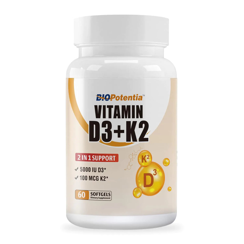 BIO POTENTIA Vitamin D3 K2 with MCT Oil Supplement Vitamin D3 5000 IU & K2 (MK7) Supports Immune Bone & Teeth Health - Gluten Free Non-GMO - 60 Softgels