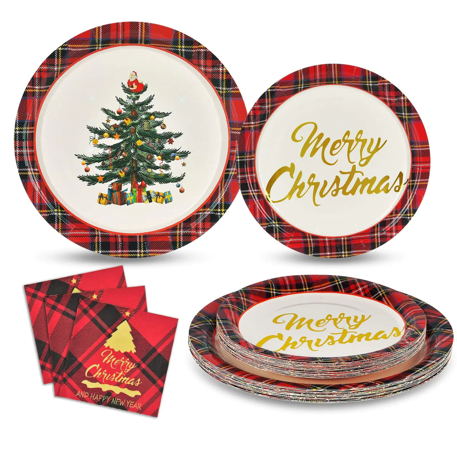 200 Pcs Merry Christmas Paper Dinnerware Set Christmas Tree Paper Plates and Napkins Christmas Party Supplies Including 50 Paper Plates 50 Dessert Plates 100 Napkins Serves 50 Guests