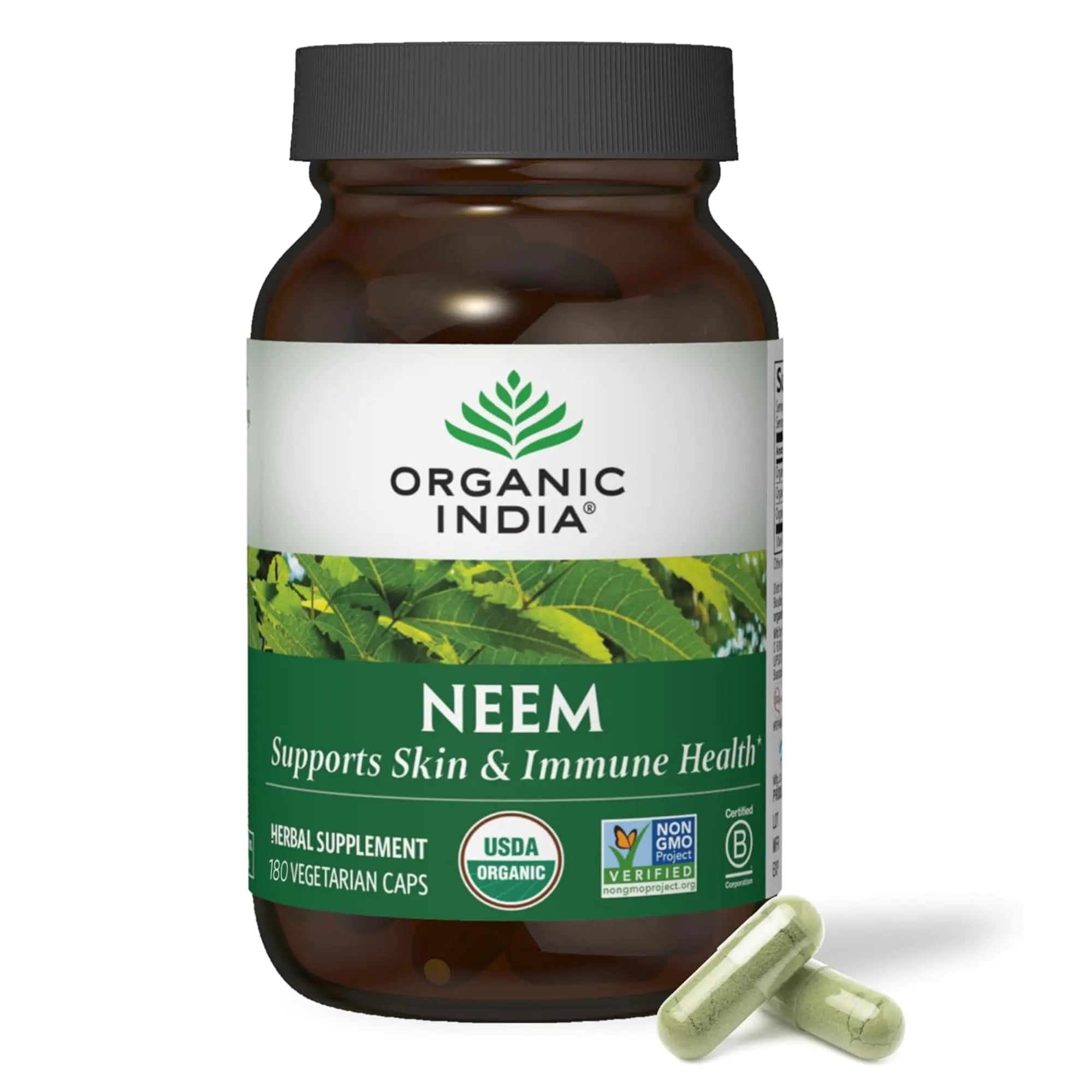 ORGANIC INDIA Neem Leaf Capsules Herbal Supplement - Supports Skin Immune & Liver Health Detox Vegan Gluten-Free USDA Certified Organic - 180 Capsules