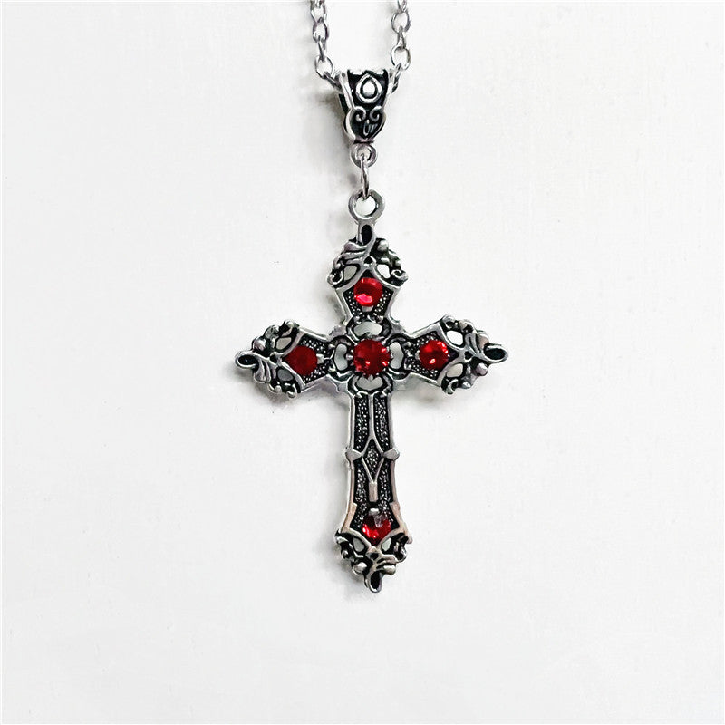 Large Baroque Silver Cross Necklace with Crystals