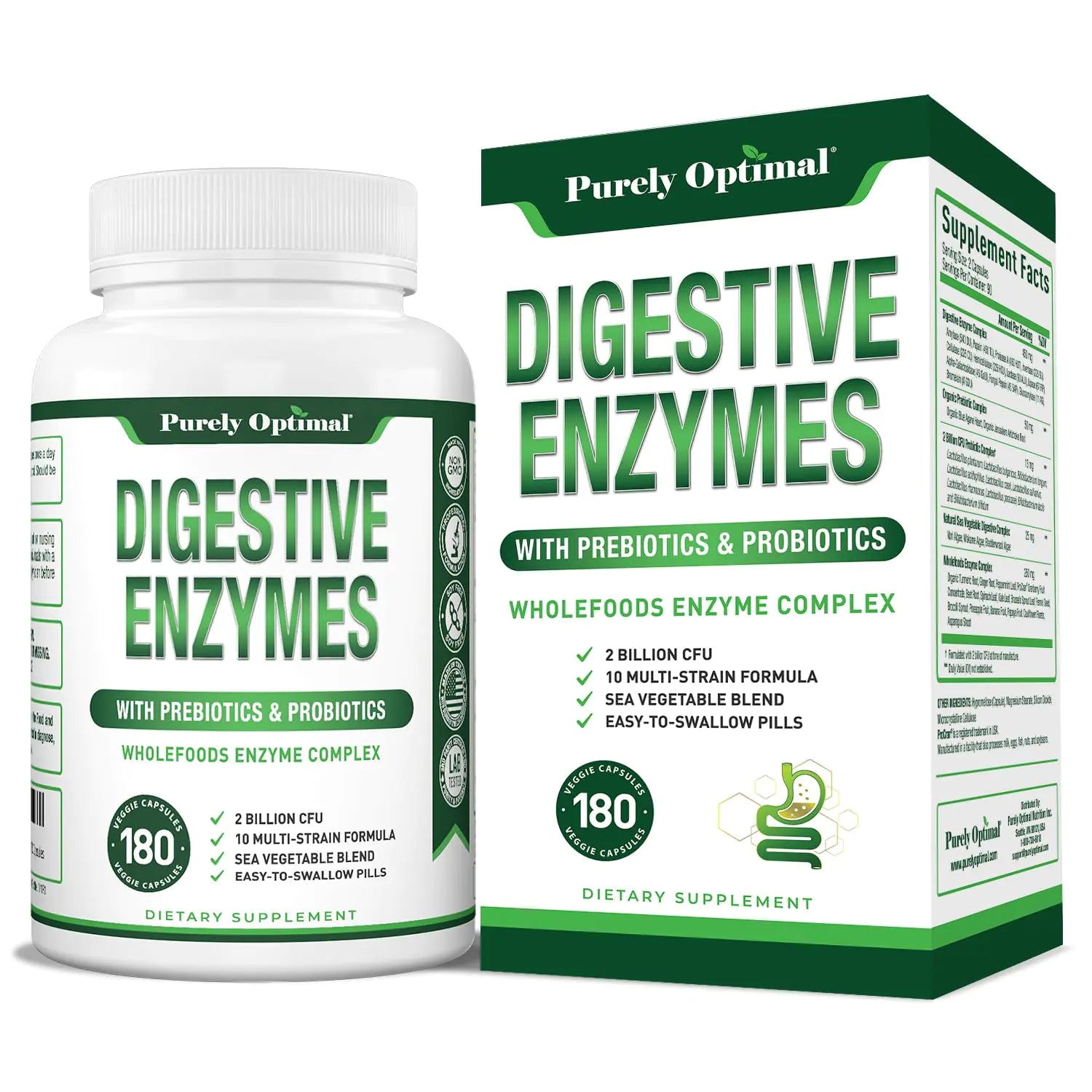 Purely Optimal Digestive Enzyme Supplement - Comprehensive Gut Health Support with 12 Enzymes Probiotics & Prebiotics - Relief for Bloating Gas & Digestive Discomfort - 180 Capsules