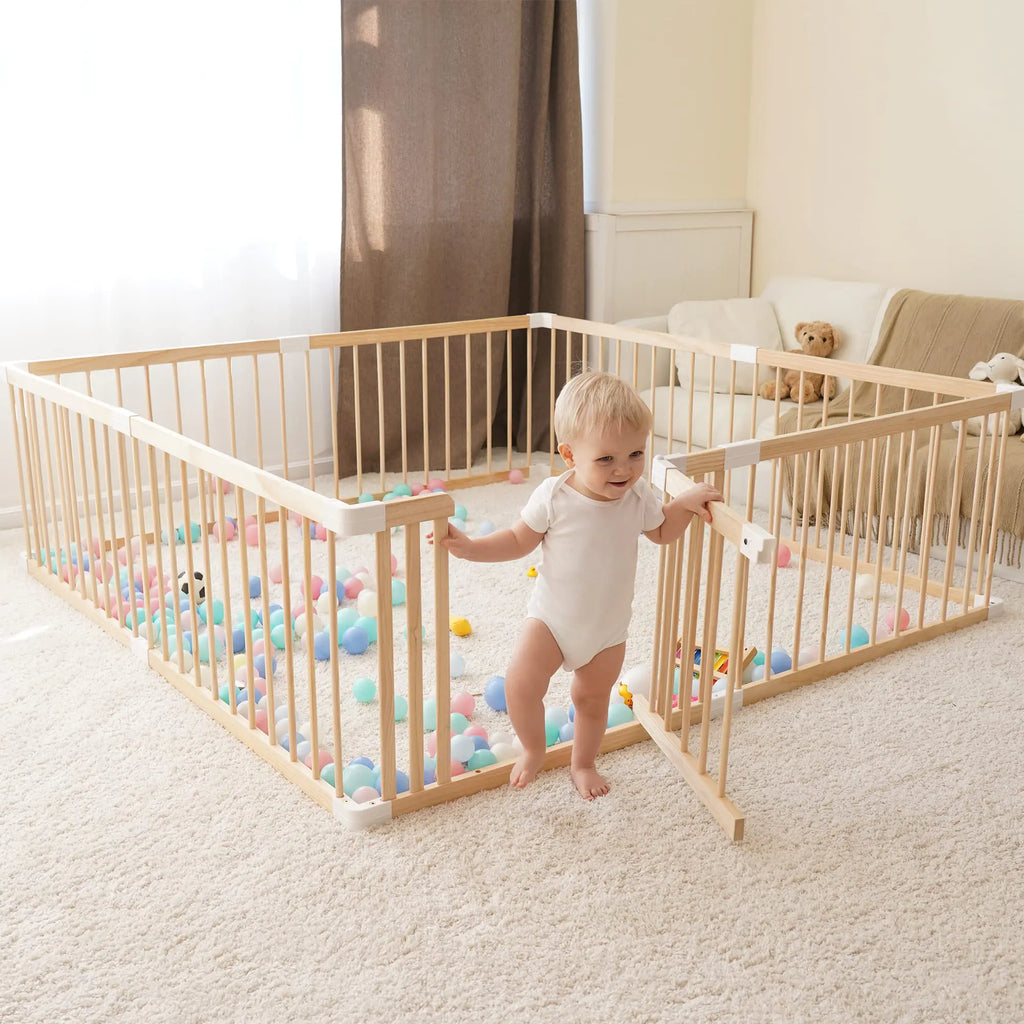 Wooden Baby Gate & Baby Playpen Play Yards for Babies and Toddlers Large Baby Fence with Locking Gate Activity Center Toddler Fence Play Area Indoor(79 * 71 * 24inch)