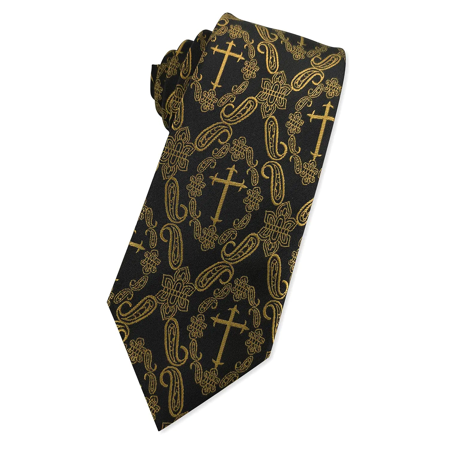 Christian Mens Novelty Religous Necktie - Christian Cross & Paisley Tie (Black & Yellow Gold)