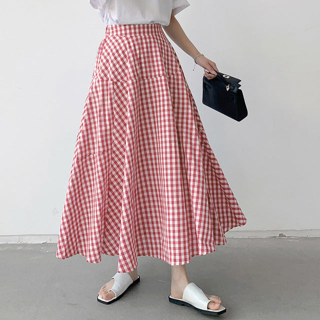 Korean Style A-line Long Cotton Skirts in Plaid