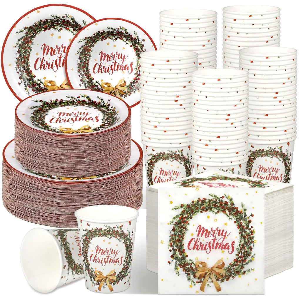 Jinei 250 Pcs Christmas Tableware Set for 50 Guests Christmas Paper Plates and Napkins Disposable Cups Xmas Dinnerware Party Supplies for Xmas Dinner Winter Party Table Decoration (Garland)