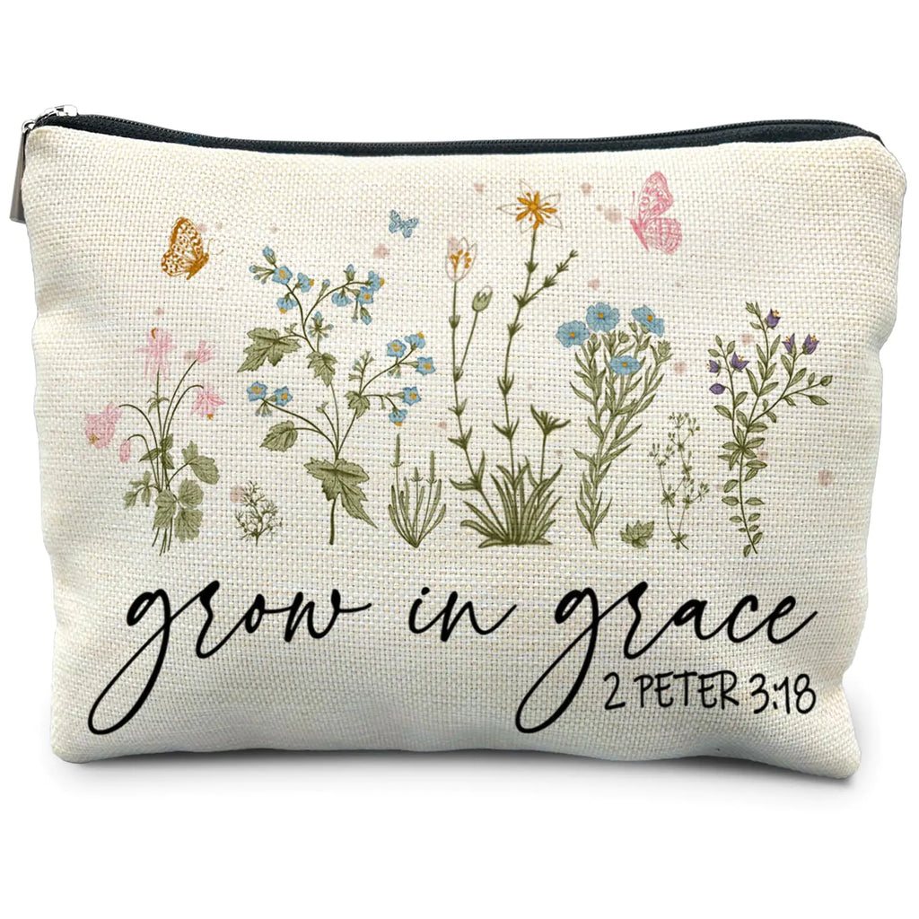 Christian Floral Makeup Bag Pouch Grow in Grace (2 Peter 3:18)