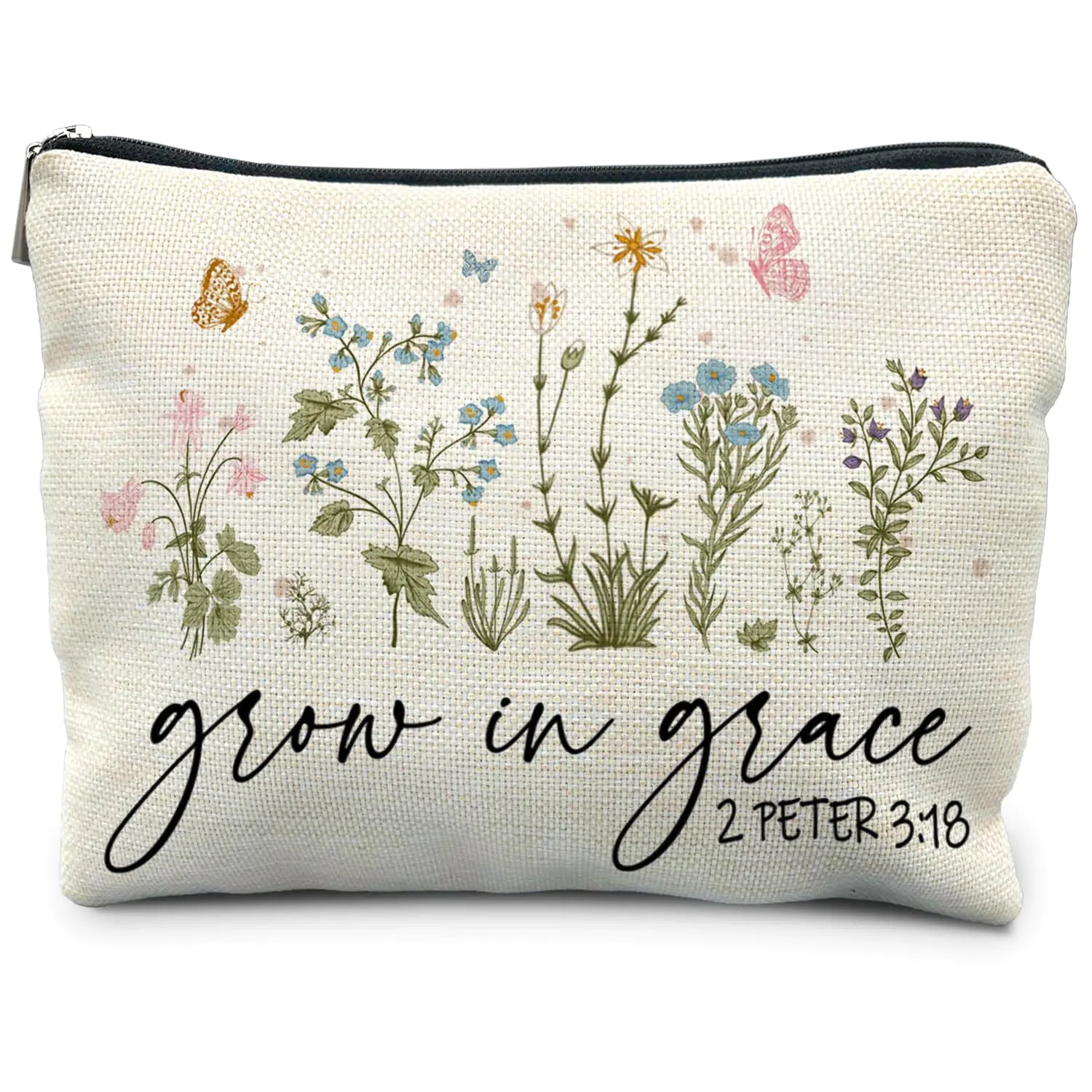 Christian Floral Makeup Bag Pouch Grow in Grace (2 Peter 3:18)