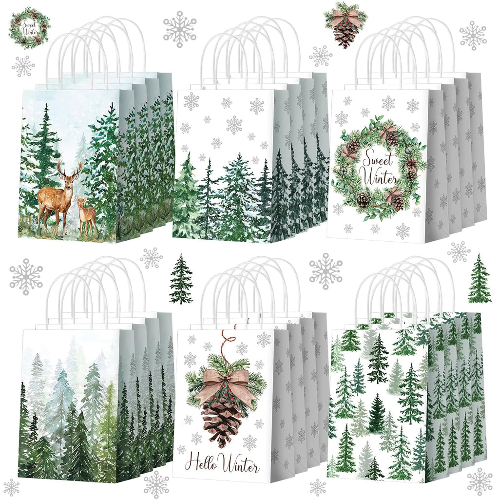Kolldenn 24 Pcs Christmas Bags for Gifts Paper Christmas Goodie Bags Reindeer Green Xmas Tree Pine Cones Candy Treat Bags with Handles for Christmas Party Favors Decorations Supplies