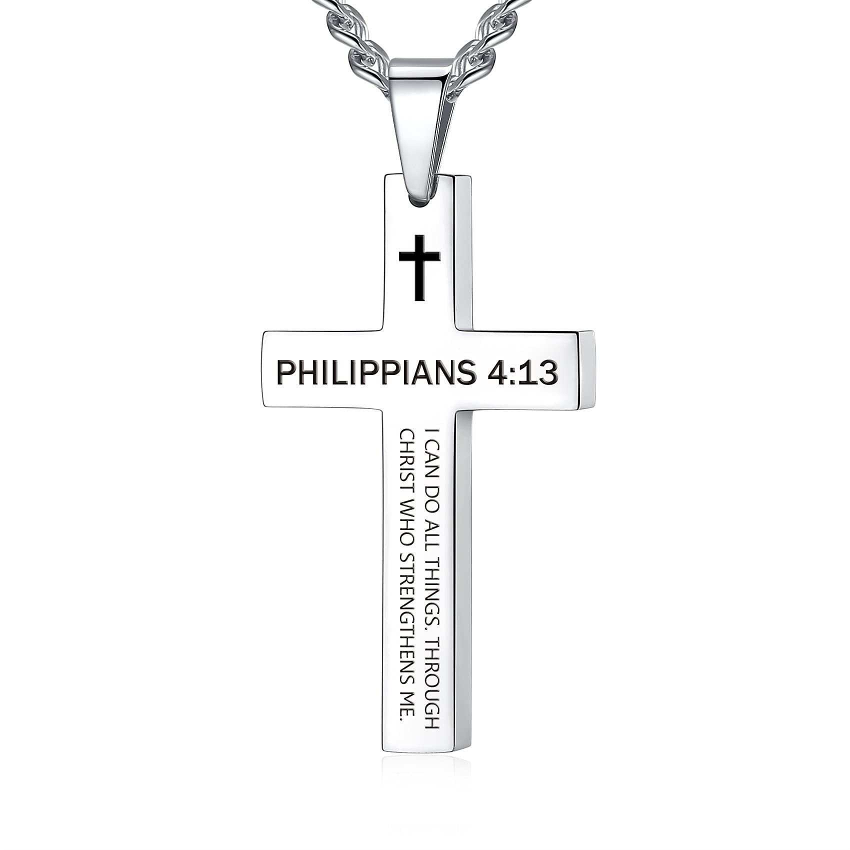 Cross Necklace with Black Titanium Steel and Engraving