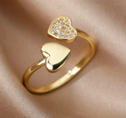 18K Gold-Plated Adjustable Ring with Hearts and Zirconia