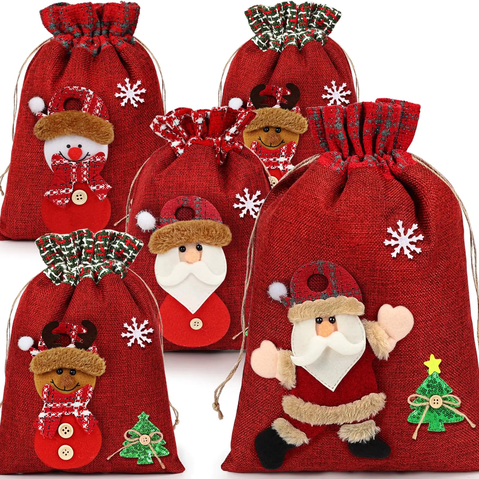 HRX Package 3D Christmas Gift Bags 16x11 10.5x8 inch Xmas Drawstring Wrapping Bags 5pcs Holiday Gift Pouches Goodie Bags for Presents Stocking Stuffers