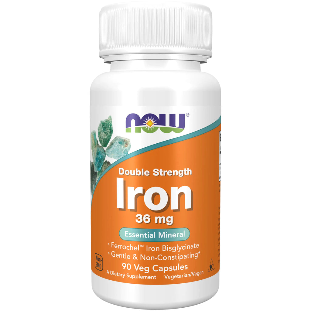 NOW Supplements Iron 36 mg Double Strength Non-Constipating* Essential Mineral 90 Veg Capsules