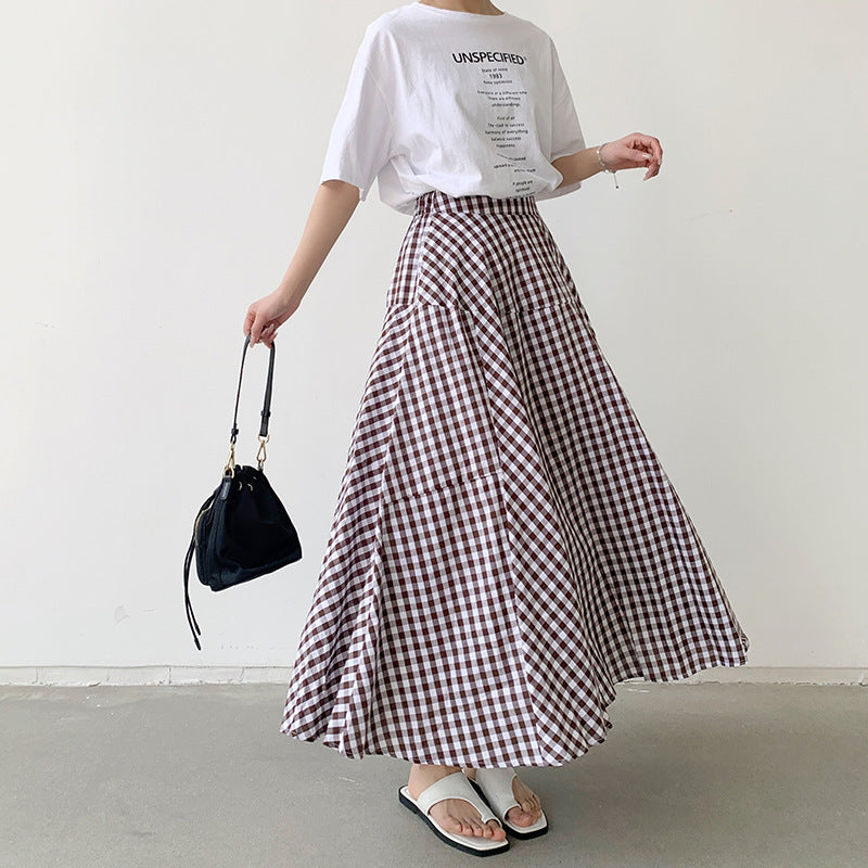 Korean Style A-line Long Cotton Skirts in Plaid
