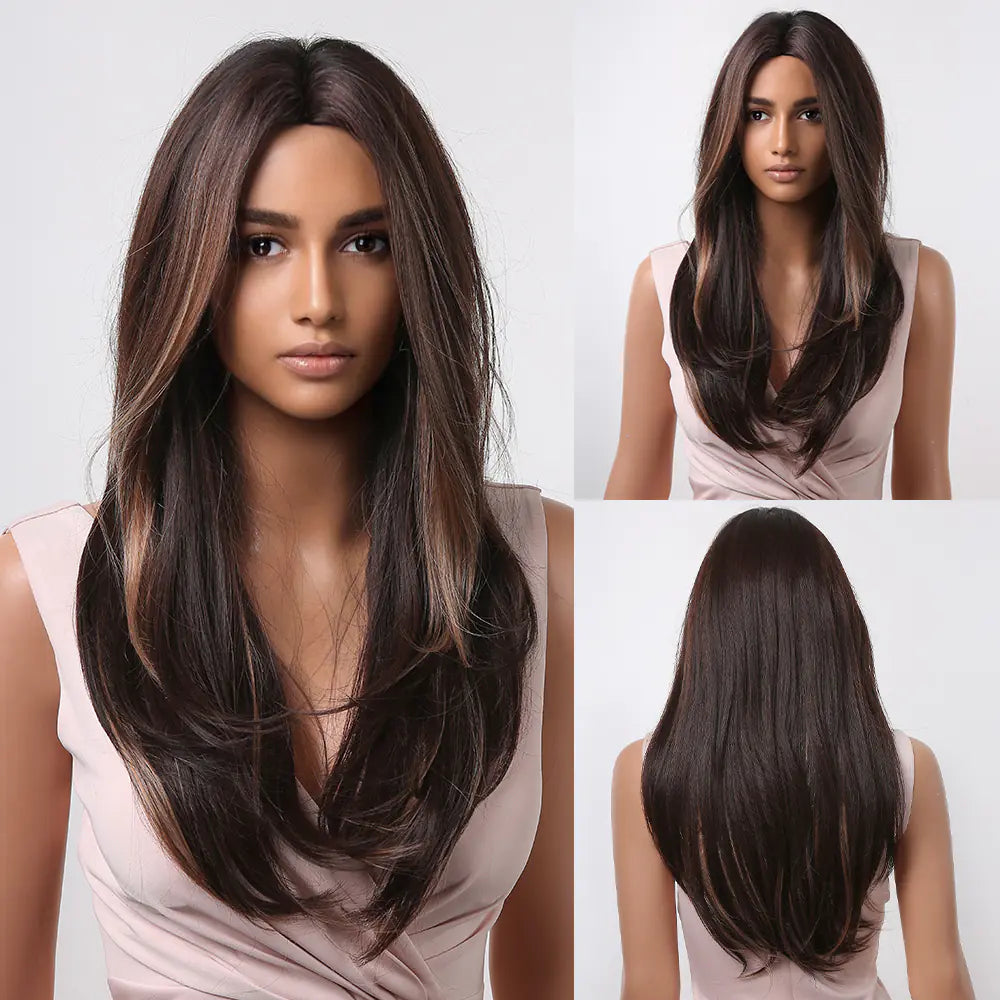 Women's Long Wavy Brown Blonde Highlight Wig