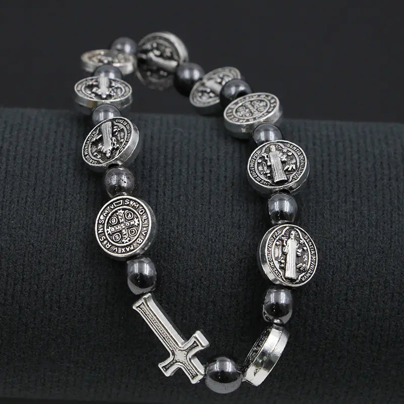 Hematite Rosary Bracelet with Religious Character Design