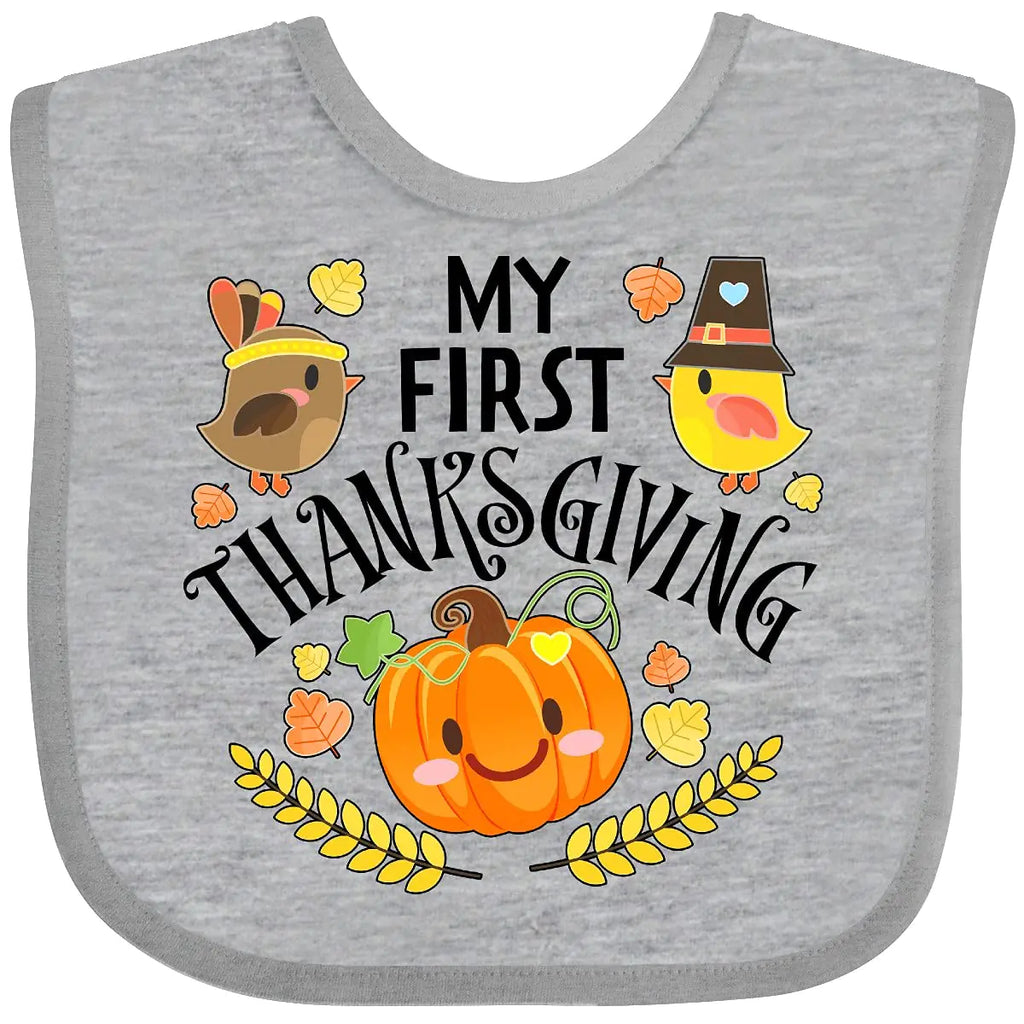 inktastic My First Thanksgiving- Autumn Birds Pumpkin Baby Bib Heather Grey 331ab