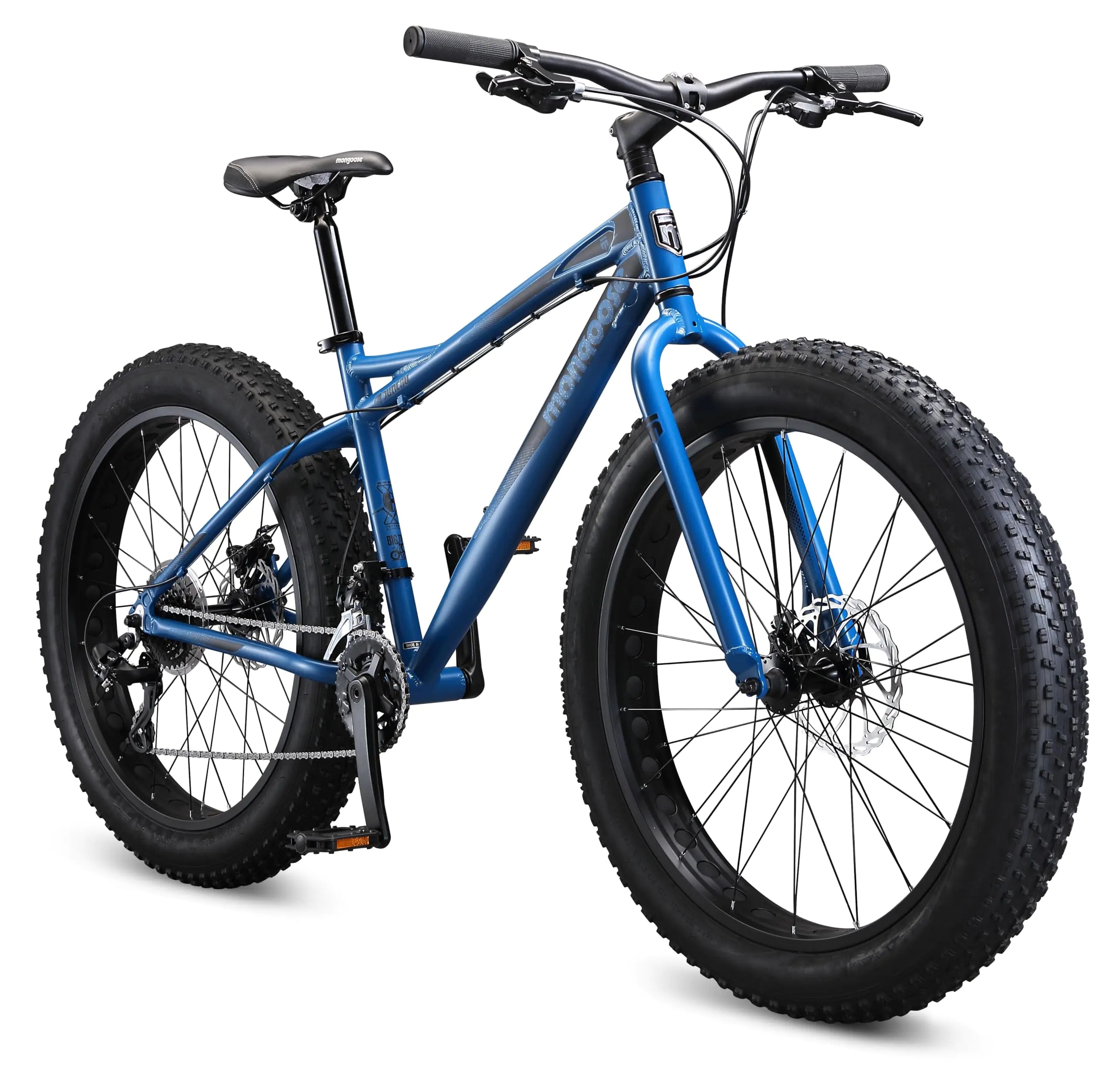 Mongoose Juneau Men and Womens Fat Tire Mountain Bike 26x4-Inch Big Fat Wheels 16-Speed Trigger Shifters Adult Aluminum Mountain Frame Blue