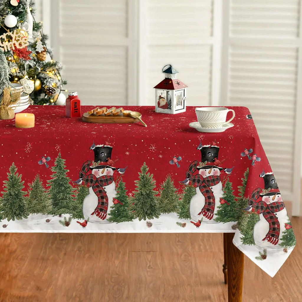 Horaldaily Christmas Tablecloth 60×60 Inch Square Winter Snowman Trees Red Washable Table Cover for Party Picnic Dinner Decor