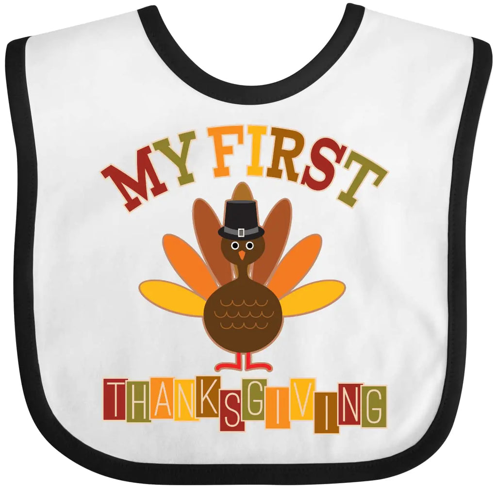 inktastic My First Thanksgiving Day Turkey Baby Bib White and Black 32f16