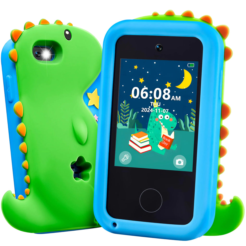 SYNCFUN Kids Smart Phone Dinosaur Christmas Birtahday Gift for Boys Age 3 4 5 6 7 8 Year Old Toddler Phone Toys with Dual Camera Game Music Player Alarm Clock 8GB Card (Dinosaur)