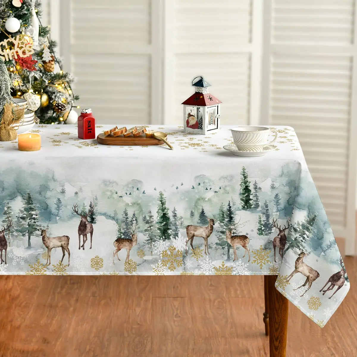 Horaldaily Christmas Tablecloth 60×84 Inch Golden Snow Deers Washable Table Cover for Party Picnic Dinner Decor