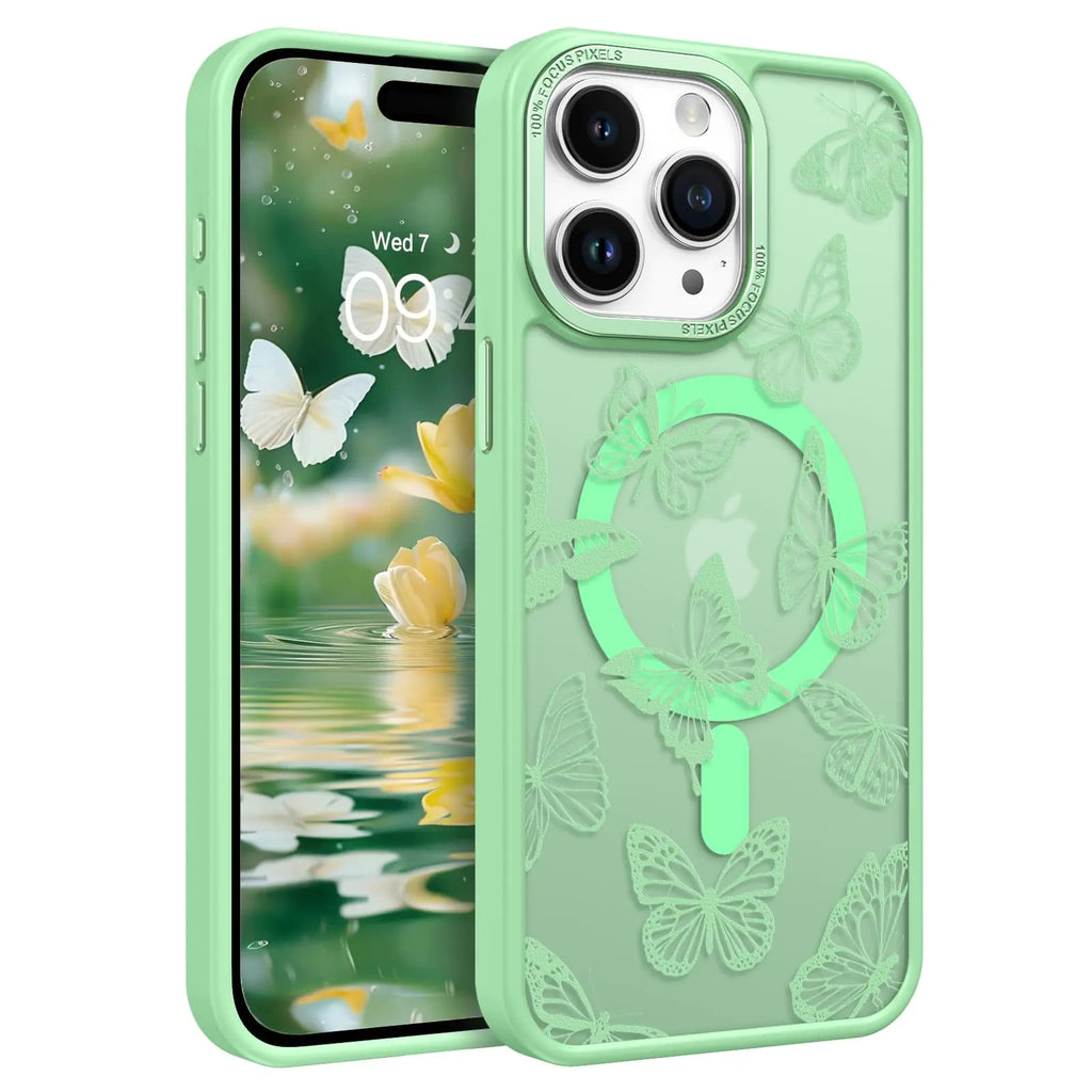 BENTOBEN for iPhone 15 Pro CaseCute Butterfly Pattern iPhone 15 Pro Magnetic Case [Compatible with MagSafe] Translucent Matte Slim Women Girl Protective Case for iPhone 15 Pro 6.1" Lingt Green