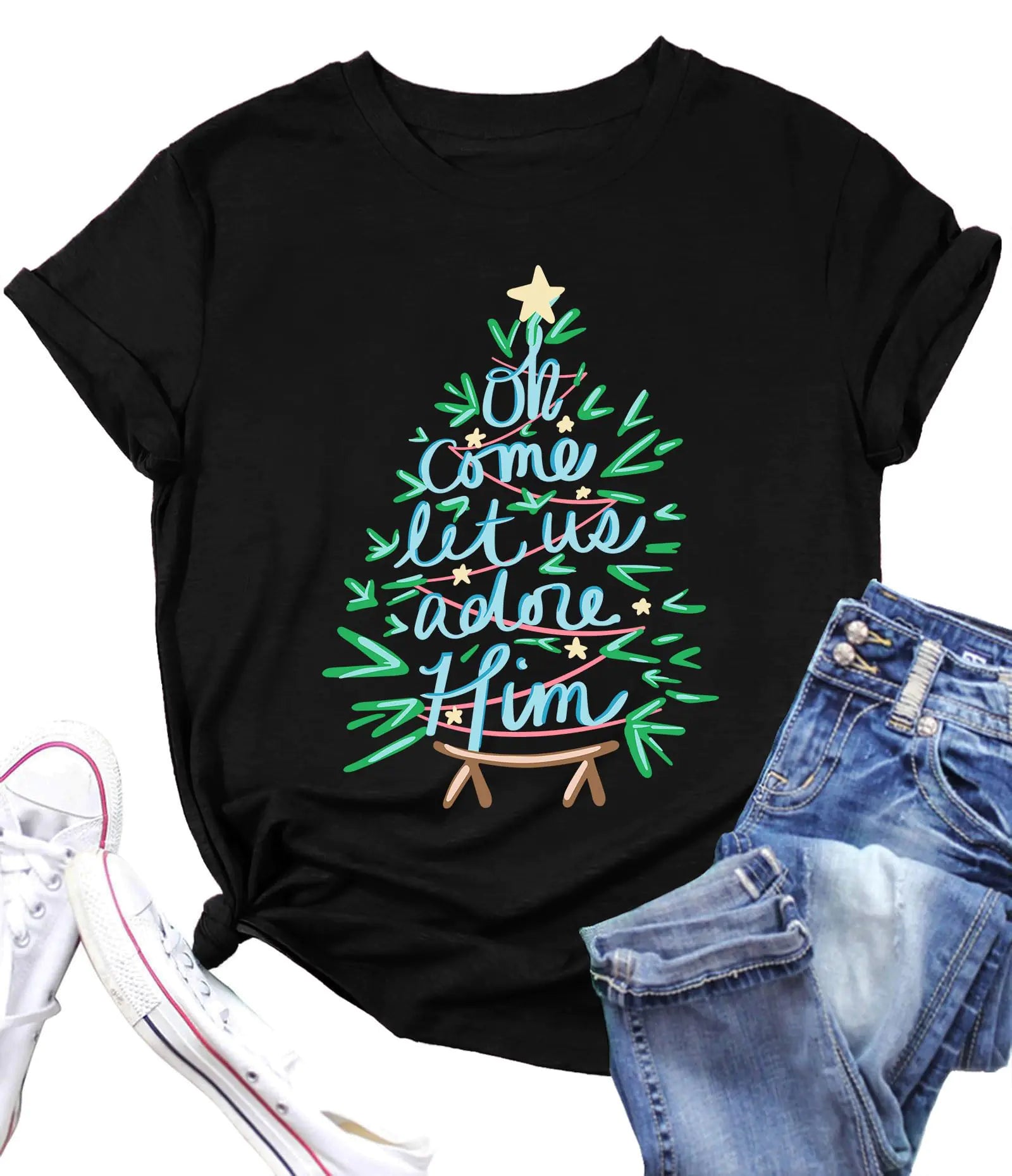 Ithalt Christmas Shirt for Women Christian Christmas Shirts Religious Prints Tshirts Xmas Holiday Short Sleeve Tops(BBlack XX-Large)