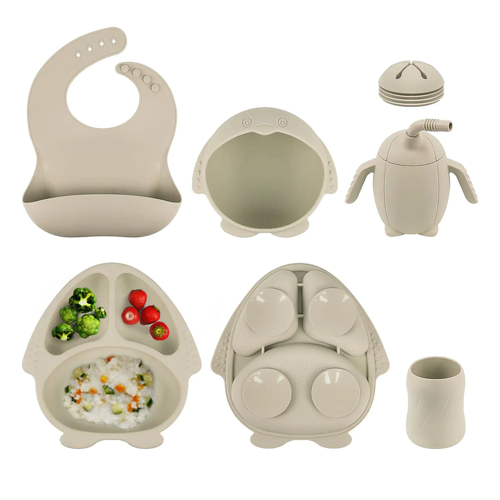 Baby Led Weaning Supplie Silicone Baby Feeding Set with Suction Plate and Bowl Toddler Self Feeding Essentials with Spoons Forks Bib Sippy Cup Eating Utensils for 6+ Months (10 Pcs)