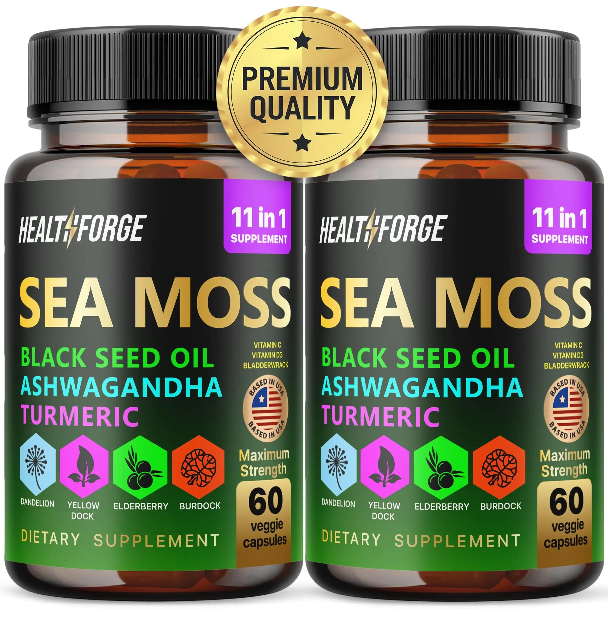 120 Capsules Sea Moss 3000mg Black Seed Oil Capsules 2000mg Ashwagandha Supplements 1000mg Turmeric 1000mg Bladderwrack 1000mg Burdock 1000mg & Vitamin C & D3