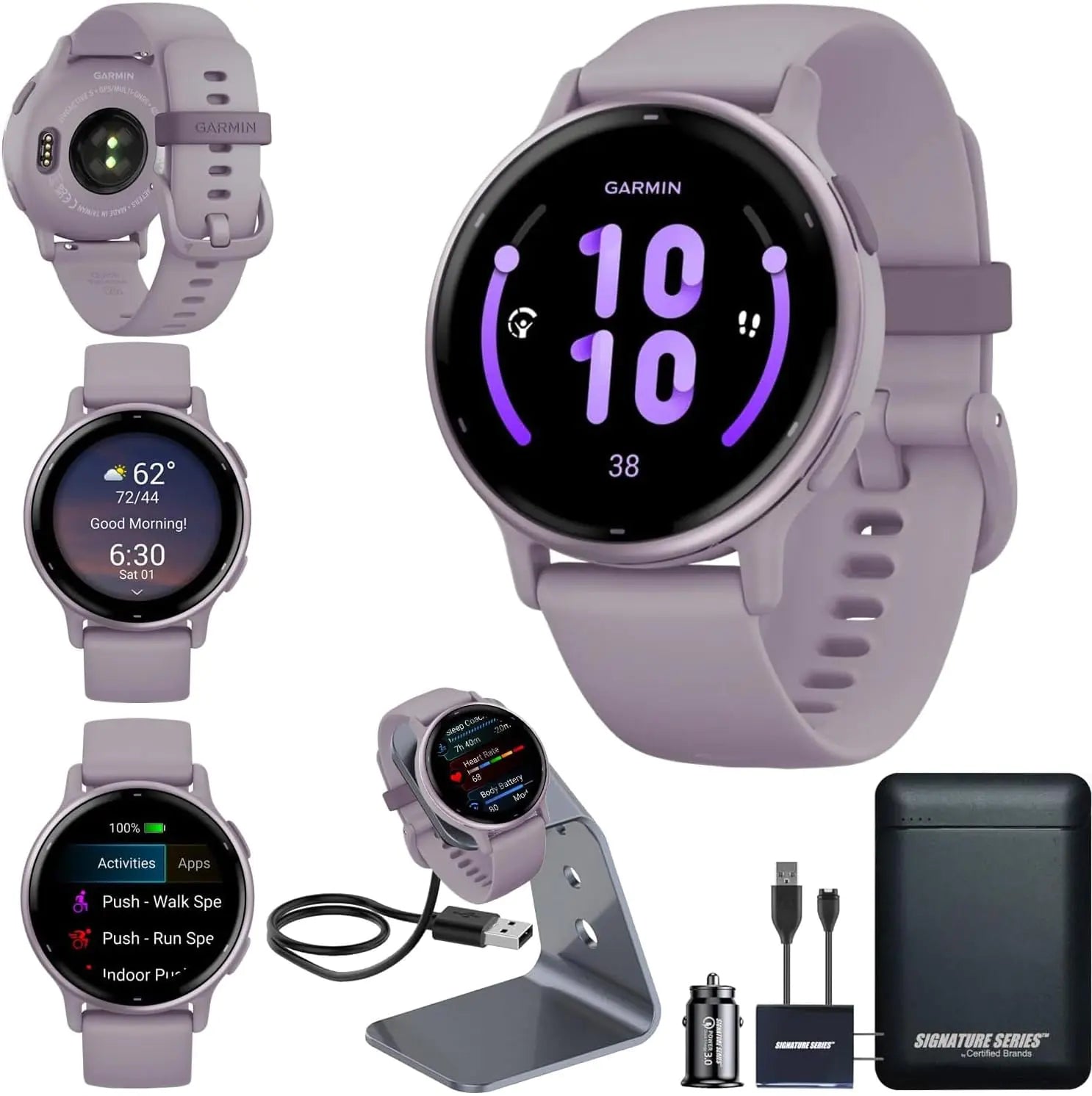 Garmin vivoactive 5 GPS Smartwatch with AMOLED Display Orchid | Advanced Health and Fitness Features Up to 11 Day Battery Life Energy Monitoring Sleep Coach | with Signature Series Power Bundle