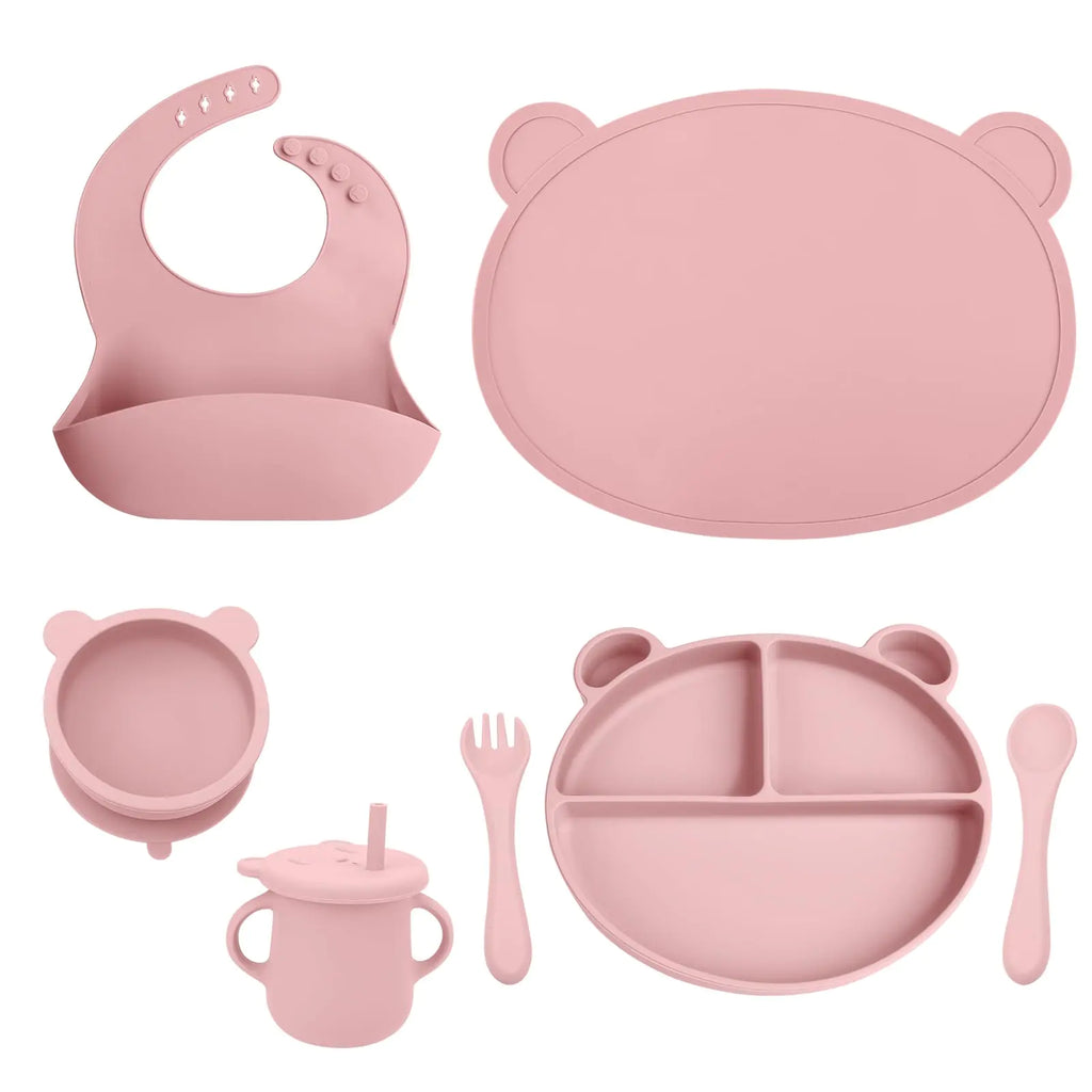 Silicone Baby Led Weaning Supplies Toddler Feeding Set With Divided Suction Plate Bowl Spoons Forks Sippy Cup Adjustable Bib Non Slip Mat Baby Eating Utensils 7-Piece Pink