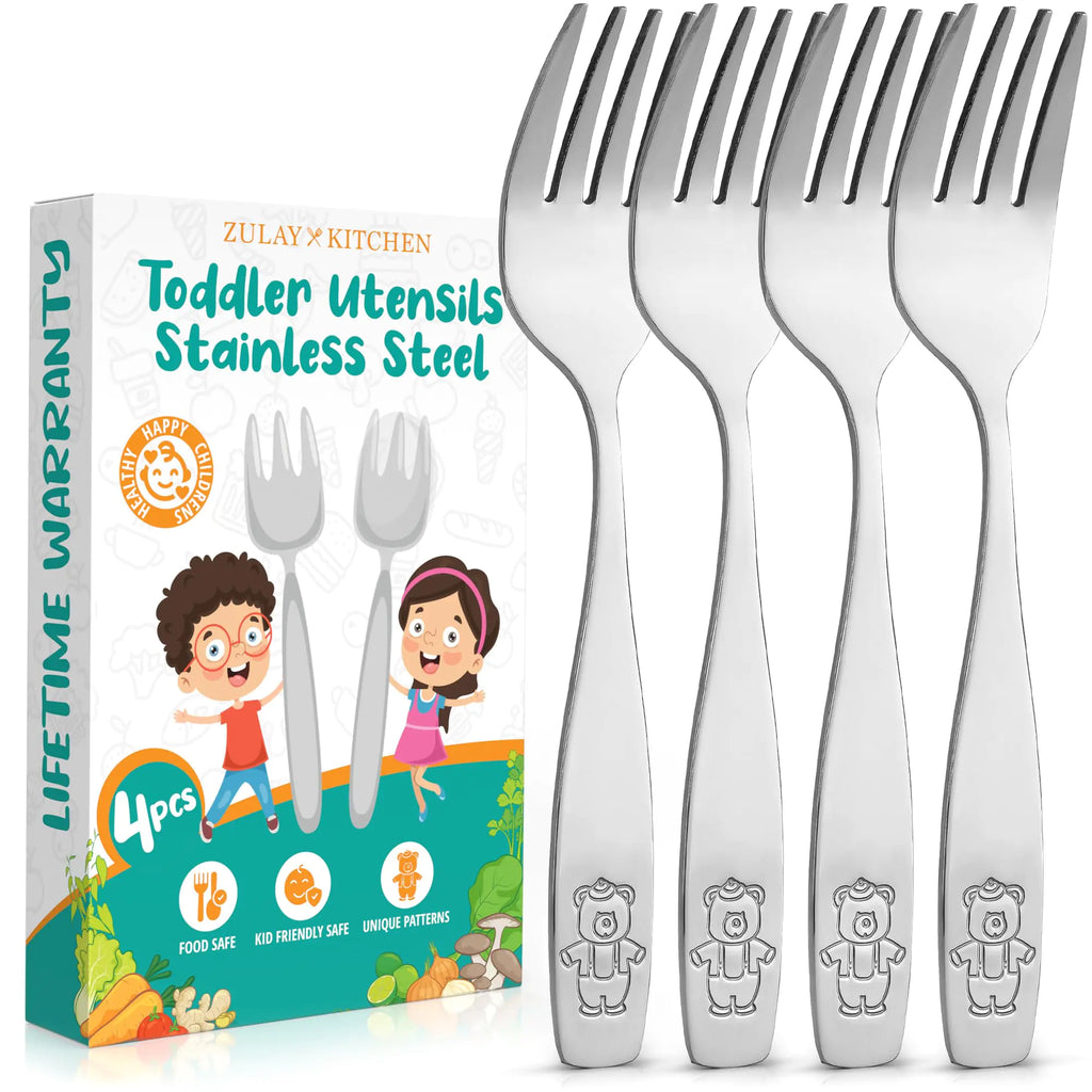 Zulay Kitchen 4 Pieces Toddler Utensils - Kids Stainless Silverware Set - Children & Toddler Safe Forks - Smooth Edge Mirror Polished & Dishwasher Safe Kids Utensils (4 Forks)
