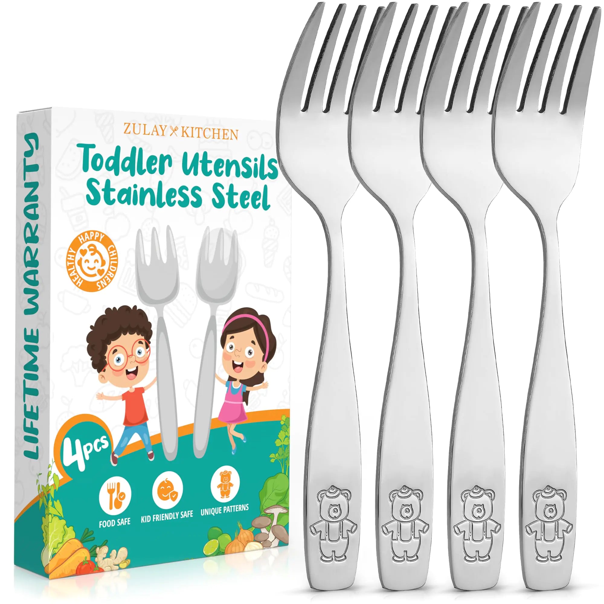 Zulay Kitchen 4 Pieces Toddler Utensils - Kids Stainless Silverware Set - Children & Toddler Safe Forks - Smooth Edge Mirror Polished & Dishwasher Safe Kids Utensils (4 Forks)