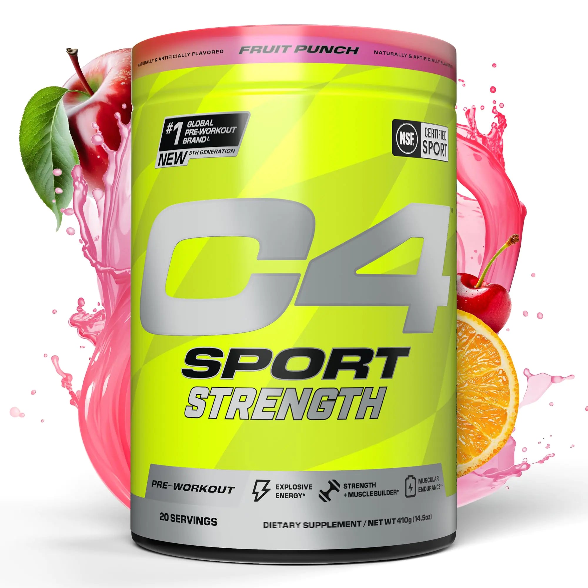 Cellucor C4 Sport Strength Pre Workout Powder - NSF Certified for Sport - Beta-Alanine Creatine 200mg Caffeine - Sugar Free Energy Supplement for Men & Women - Fruit Punch 20 Servings
