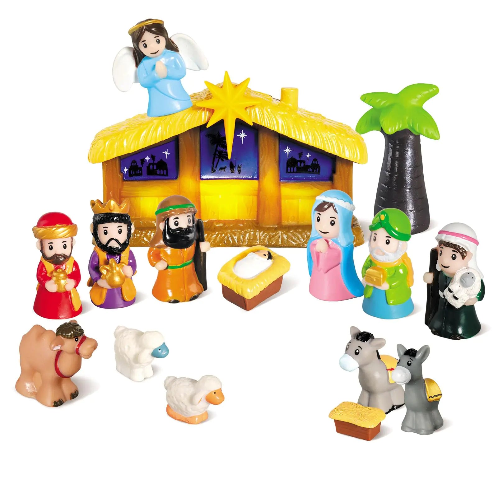 HOTFUN Lighted Nativity Set for Kids Christmas Story Nativity Playset Figures 17 Pcs Childrens Nativity Set with Baby Jesus Mary Joseph & Manger Little Nativity Scene for Preschool Boys Girls