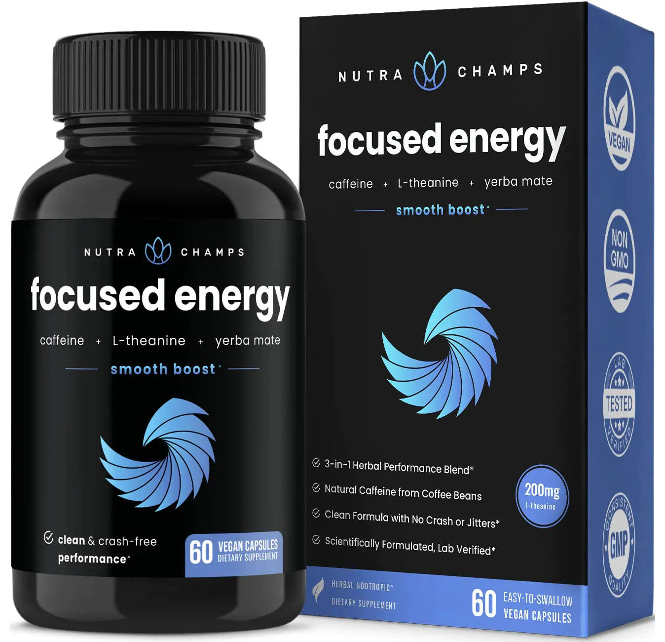 Caffeine Pills with L-Theanine for Focused Energy | Smooth & Clean Energy Supplement for Focus & Performance | No Crash No Jitters | Nootropic Brain Booster with Yerba Mate | 60 Vegan Energy Pills
