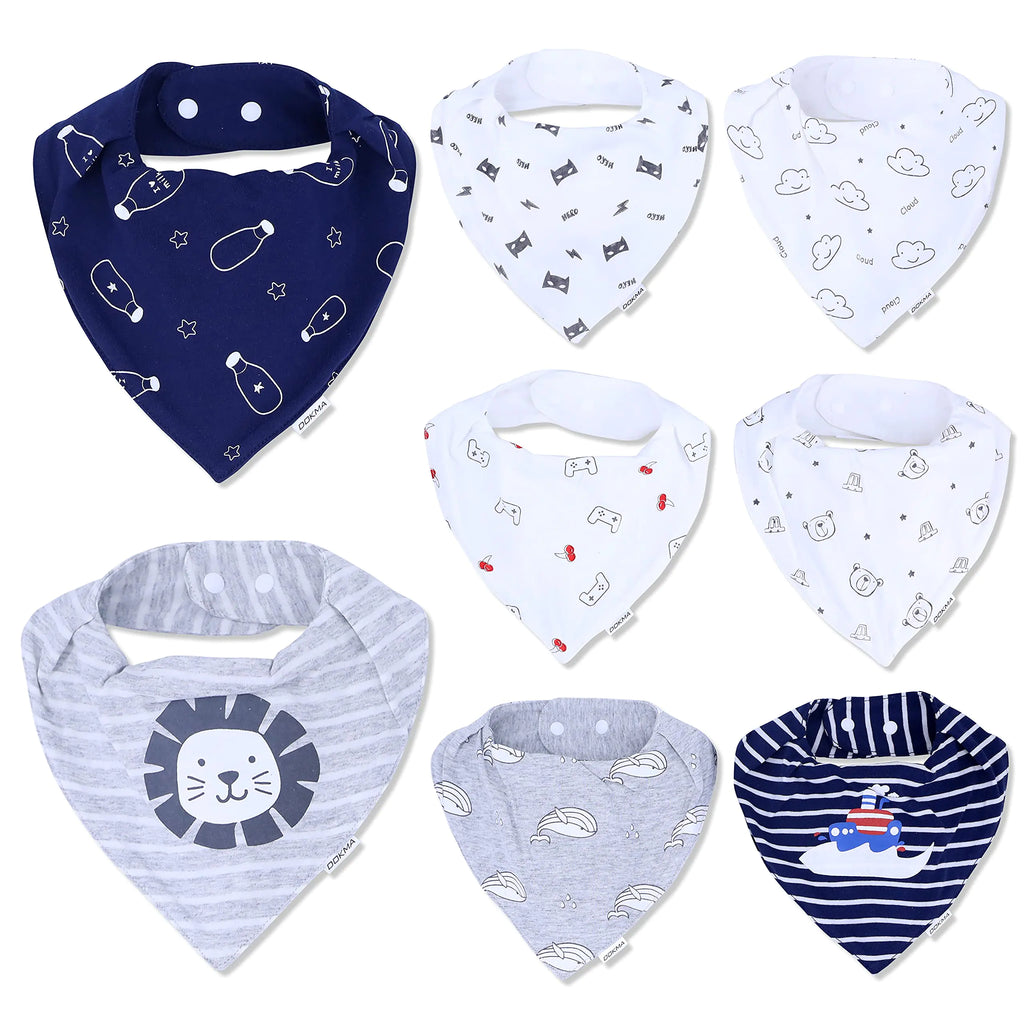 DOKMA Set 8 Organic Cotton Baby Drool Bibs - Bandana Bibs for Baby Boys - Super Absorbent Bandana Drool Bibs- Teething Bibs for Infant Toddler- Bandana Teething Bibs- White Grey Blue Green