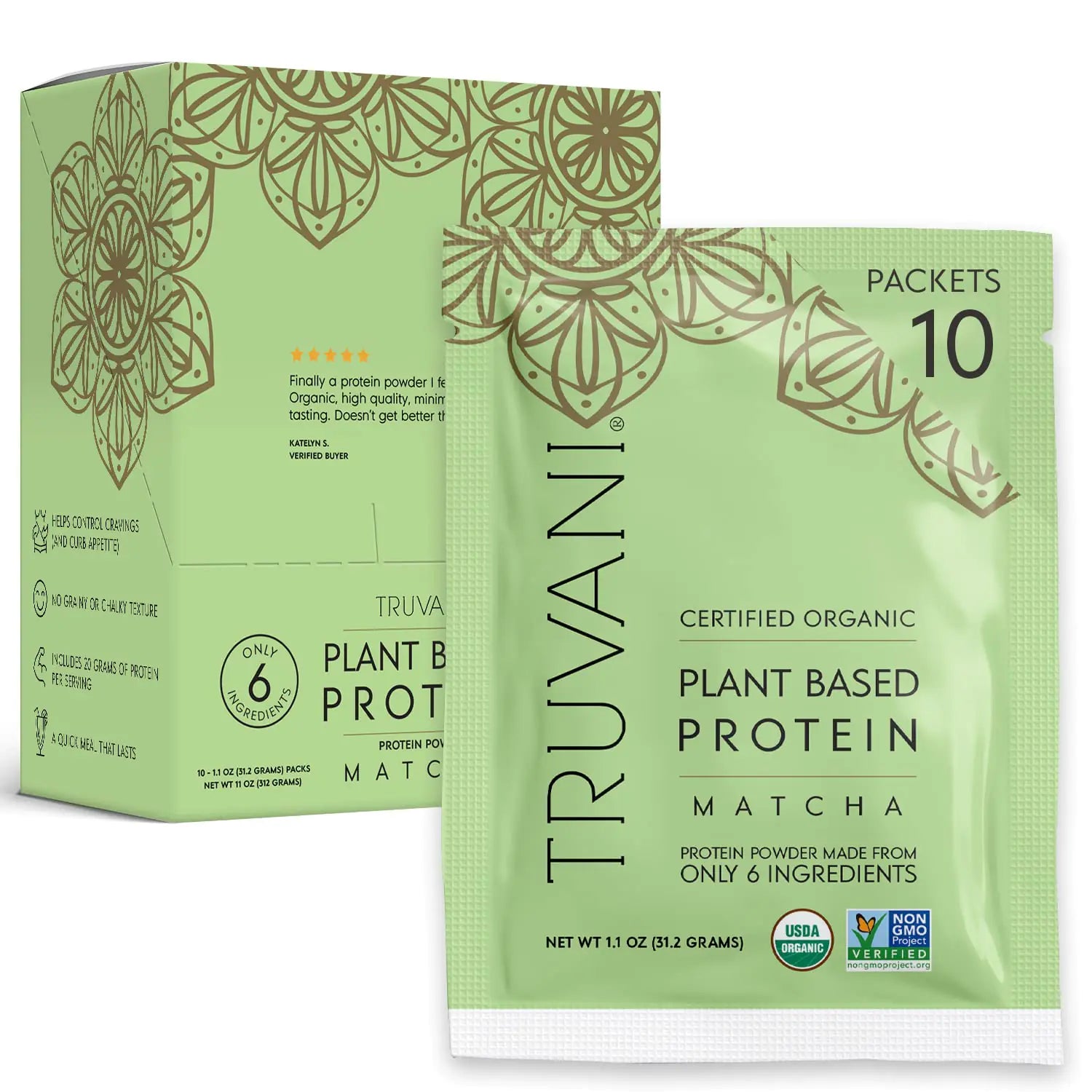 Truvani Vegan Pea Protein Powder | Matcha | 20g Organic Plant Based Protein | 10 Travel Packets | Keto | Gluten & Dairy Free | Low Carb | No Added Sugar