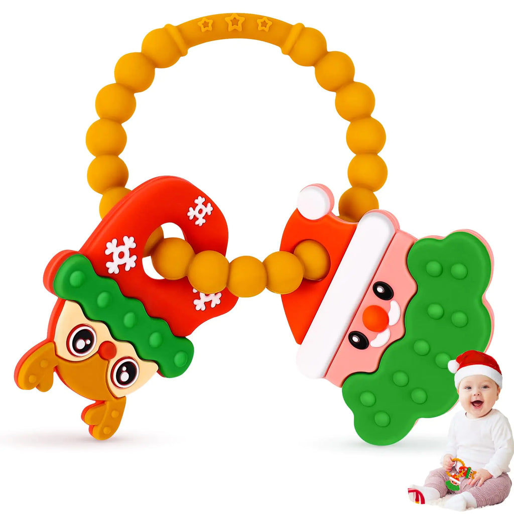 NPET Christmas Baby Teething Toy Christmas Cute Santa & Deer Teething Ring 3-12 Months Baby Gifts Infant Teething Toy Baby Theether Toy Christmas Gifts Baby Teethers Toy Soft Baby Boys & Girls